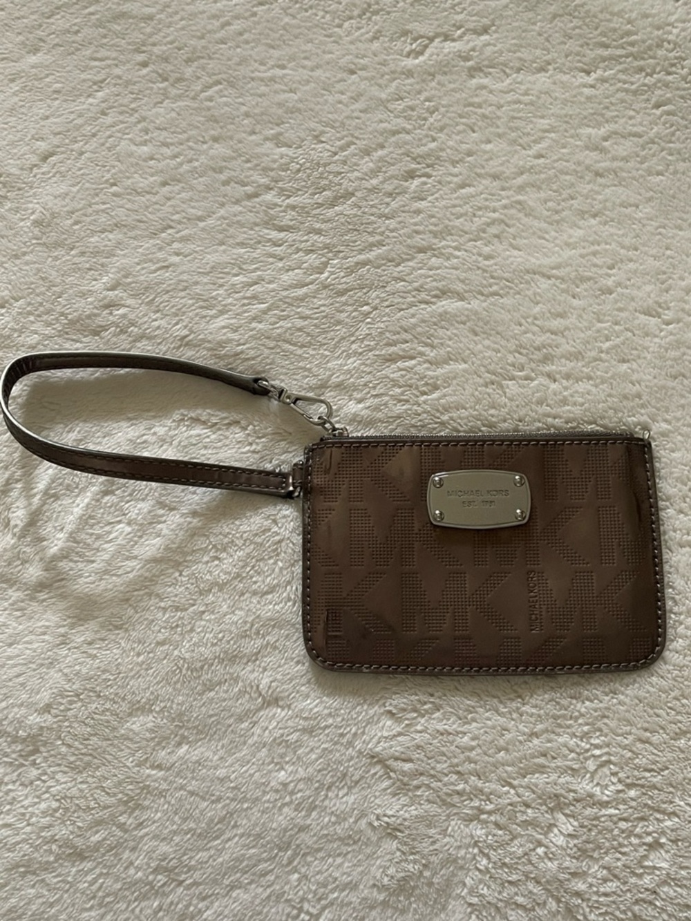 Michael Kors Brown Logo Wristlet with Silver Plaque